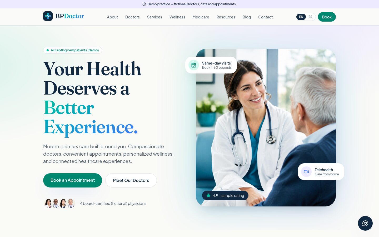 Demo practice homepage on desktop