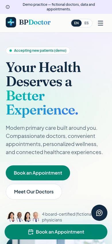 Demo practice homepage on a phone